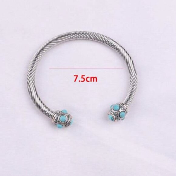 Elegant Silver Cable Bangle Bracelet Turquoise Accents - Picture 3 of 3